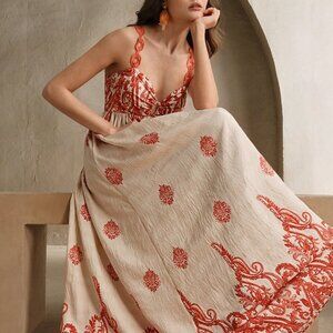 Burnt Orange Boho Women's V-Neck Contrast Print Beach Dress